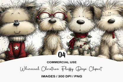 Whimsical Christmas Fluffy Dogs Clipart PNG Bundle | Cute Watercolor Holiday Fluffy Puppies Clipart | Festive Winter Dogs PNG