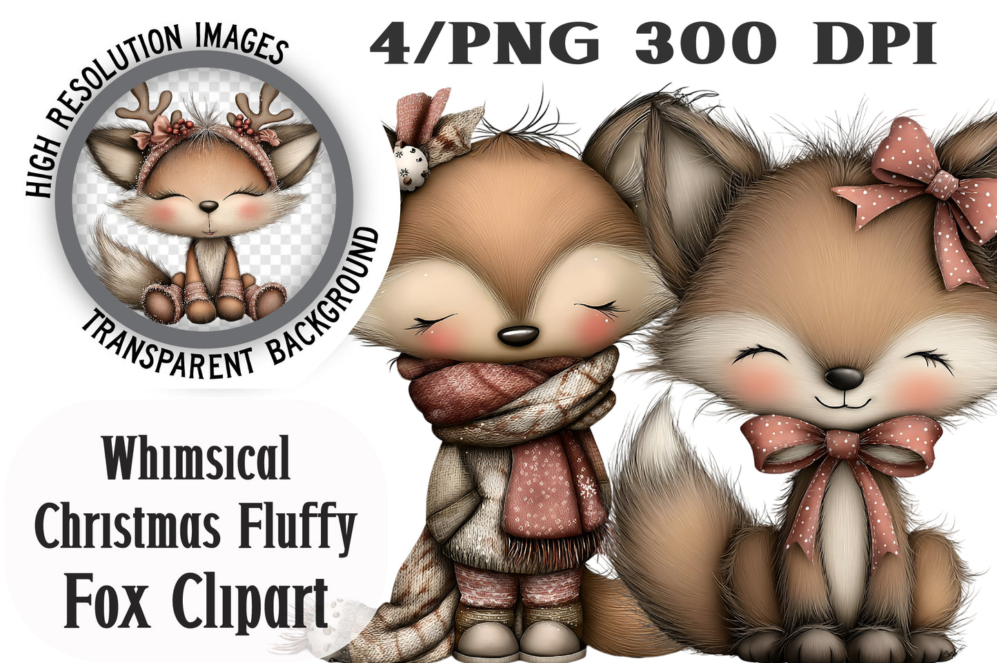Whimsical Christmas Fluffy Fox Clipart PNG Bundle | Cute Watercolor Holiday Fox Clipart