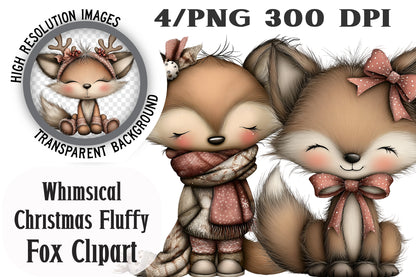 Whimsical Christmas Fluffy Fox Clipart PNG Bundle | Cute Watercolor Holiday Fox Clipart