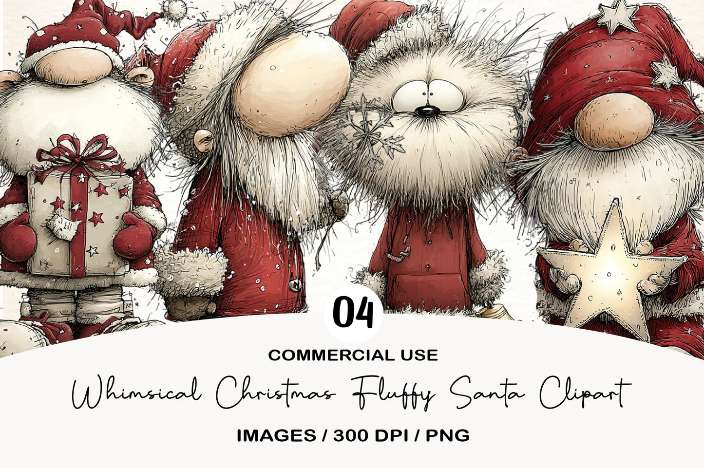Whimsical Christmas Fluffy Santa Clipart PNG Bundle | Cute Watercolor Cozy Santa Claus Clipart | Festive Holiday Santa PNG