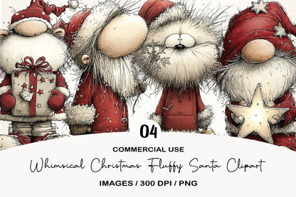 Whimsical Christmas Fluffy Santa Clipart PNG Bundle | Cute Watercolor Cozy Santa Claus Clipart | Festive Holiday Santa PNG