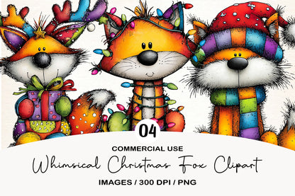 Whimsical Christmas Fox Clipart PNG Bundle | Cute Watercolor Holiday Fox Clipart | Festive Winter Fox PNG