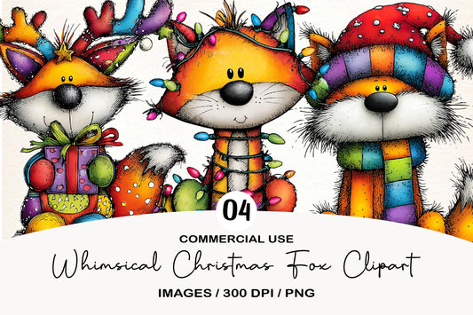 Whimsical Christmas Fox Clipart PNG Bundle | Cute Watercolor Holiday Fox Clipart | Festive Winter Fox PNG