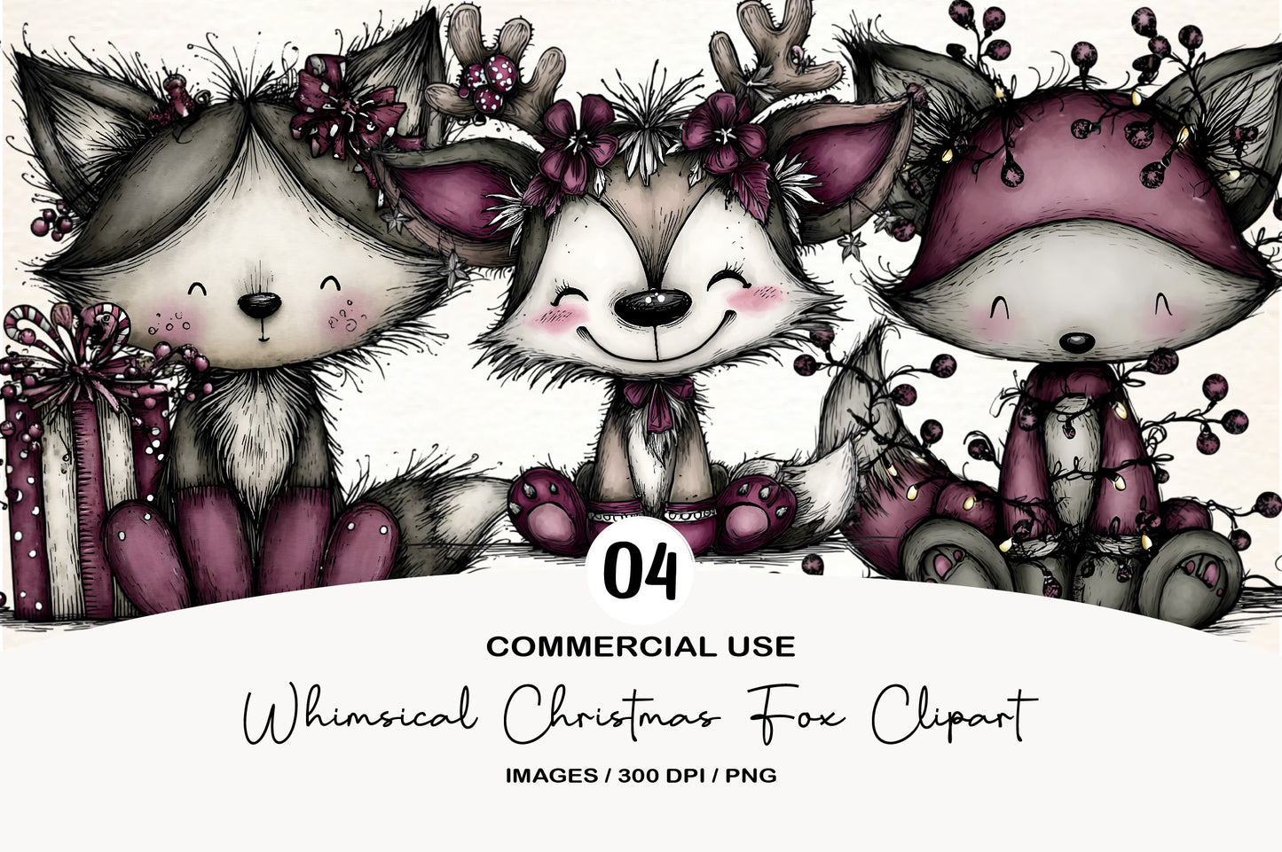 Whimsical Christmas Fox Clipart PNG Bundle | Cute Watercolor Holiday Fox Clipart | Festive Woodland Fox PNG