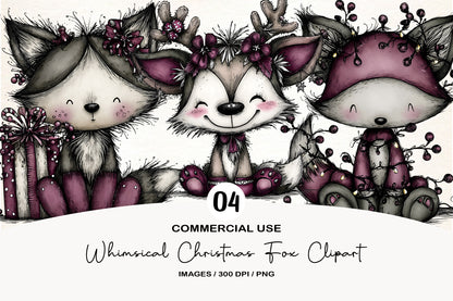 Whimsical Christmas Fox Clipart PNG Bundle | Cute Watercolor Holiday Fox Clipart | Festive Woodland Fox PNG