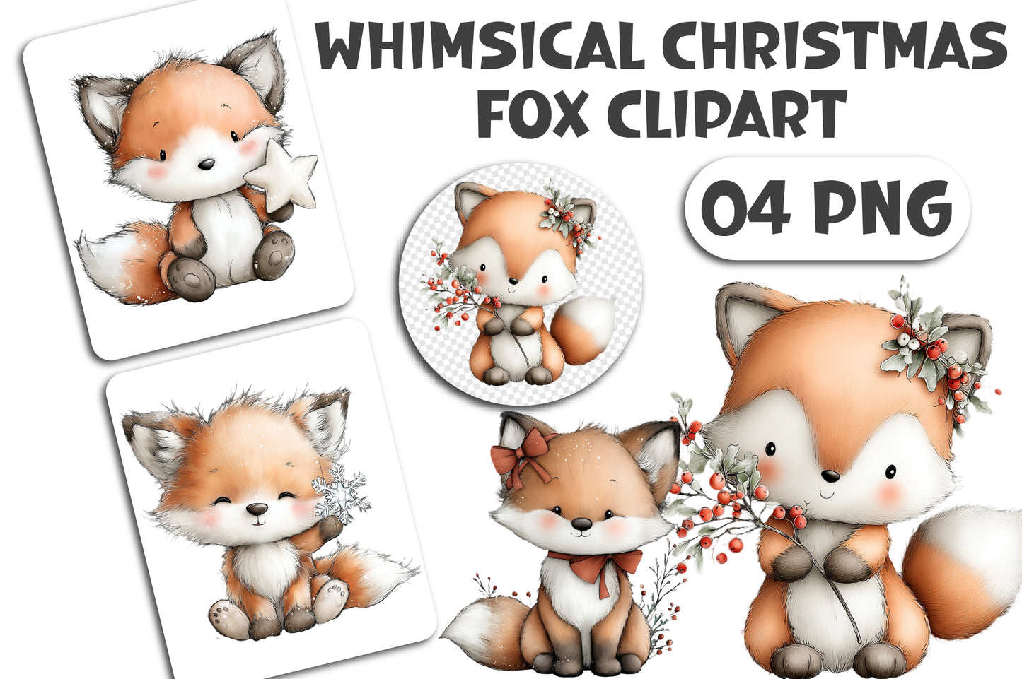 Whimsical Christmas Fox Clipart PNG Bundle