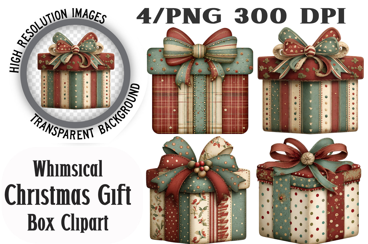 Whimsical Christmas Gift Box Clipart PNG Bundle | Cute Watercolor Holiday Present Clipart