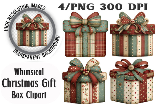 Whimsical Christmas Gift Box Clipart PNG Bundle | Cute Watercolor Holiday Present Clipart