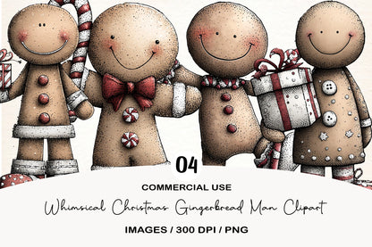 Whimsical Christmas Gingerbread Man Clipart PNG Bundle | Cute Watercolor Gingerbread Boy Clipart | Festive Holiday Cookie PNG