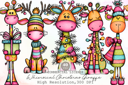 Whimsical Christmas Giraffe Clipart Bundle Cute Holiday PNG