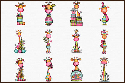 Whimsical Christmas Giraffe Clipart Bundle Cute Holiday PNG