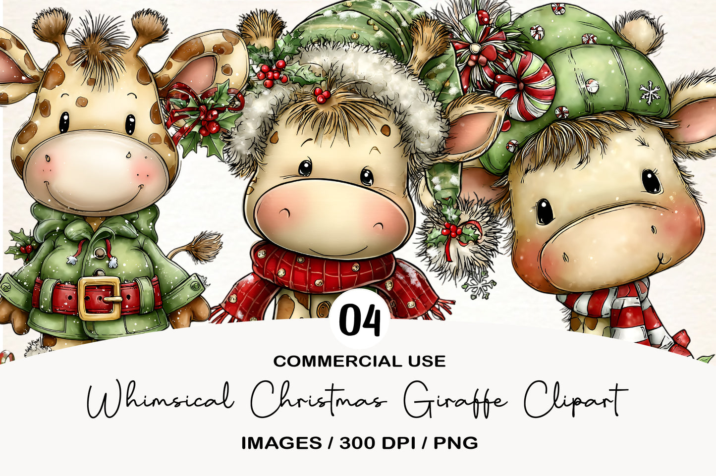 Whimsical Christmas Giraffe Clipart PNG Bundle | Cute Watercolor Holiday Giraffe Clipart