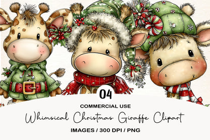 Whimsical Christmas Giraffe Clipart PNG Bundle | Cute Watercolor Holiday Giraffe Clipart