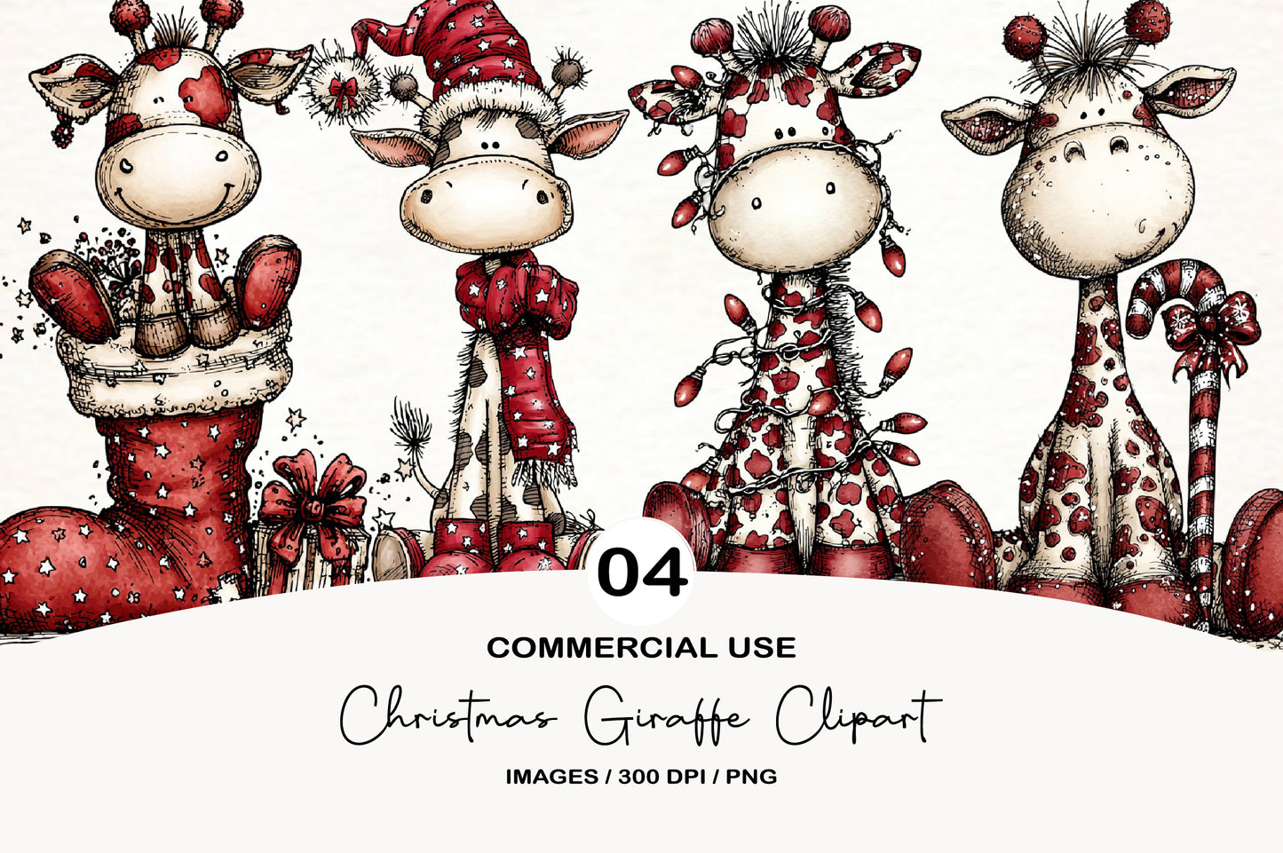 Whimsical Christmas Giraffe Clipart PNG Bundle | Cute Watercolor Holiday Giraffe Clipart | Festive Winter Giraffe PNG