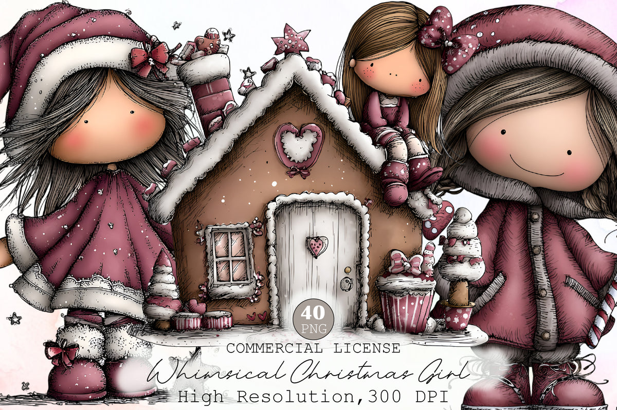 Whimsical Christmas Girl Clipart Bundle Cute Winter PNG