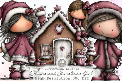 Whimsical Christmas Girl Clipart Bundle Cute Winter PNG