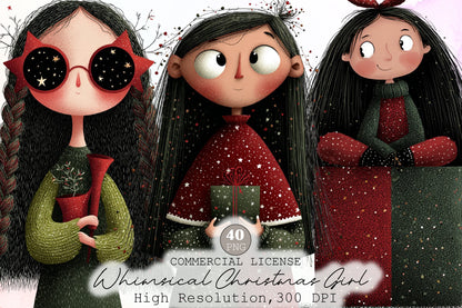 Whimsical Christmas Girl Watercolor Clipart PNG Bundle