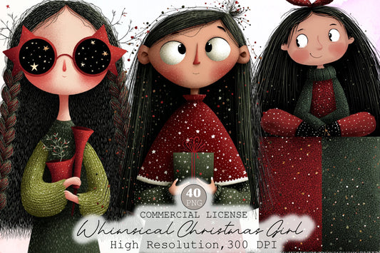 Whimsical Christmas Girl Watercolor Clipart PNG Bundle