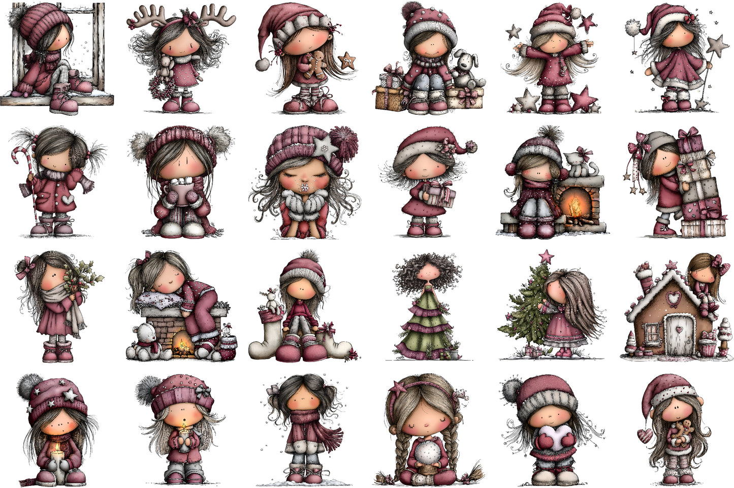 Whimsical Christmas Girl Clipart Bundle Cute Winter PNG