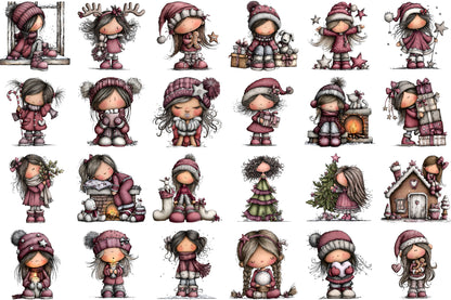 Whimsical Christmas Girl Clipart Bundle Cute Winter PNG