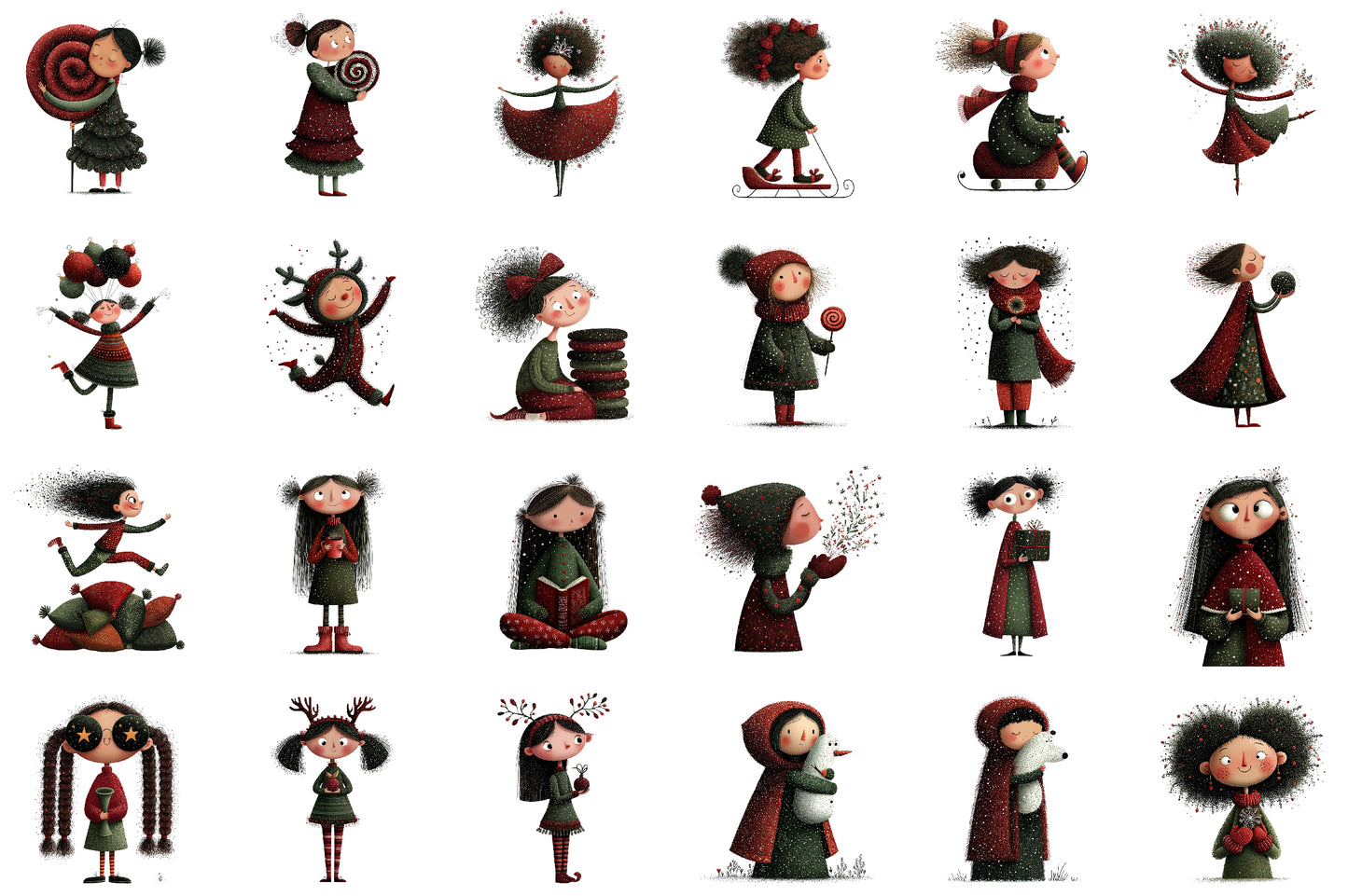 Whimsical Christmas Girl Watercolor Clipart PNG Bundle