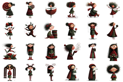 Whimsical Christmas Girl Watercolor Clipart PNG Bundle