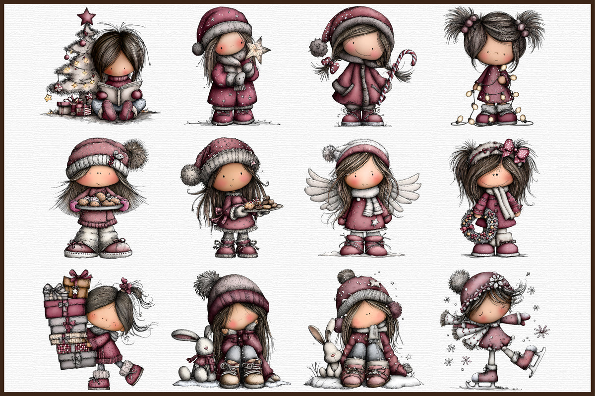 Whimsical Christmas Girl Clipart Bundle Cute Winter PNG