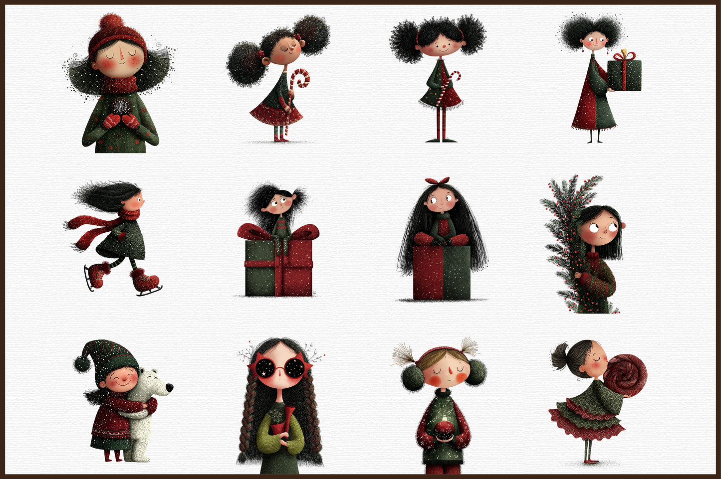 Whimsical Christmas Girl Watercolor Clipart PNG Bundle