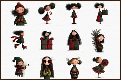 Whimsical Christmas Girl Watercolor Clipart PNG Bundle