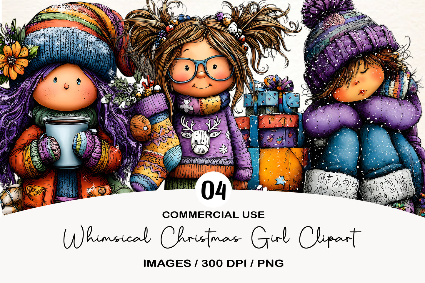 Whimsical Christmas Girl Clipart PNG Bundle | Cute Watercolor Holiday Girl Clipart