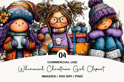 Whimsical Christmas Girl Clipart PNG Bundle | Cute Watercolor Holiday Girl Clipart