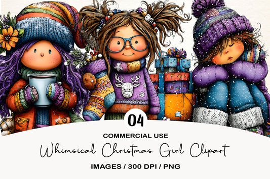 Whimsical Christmas Girl Clipart PNG Bundle | Cute Watercolor Holiday Girl Clipart