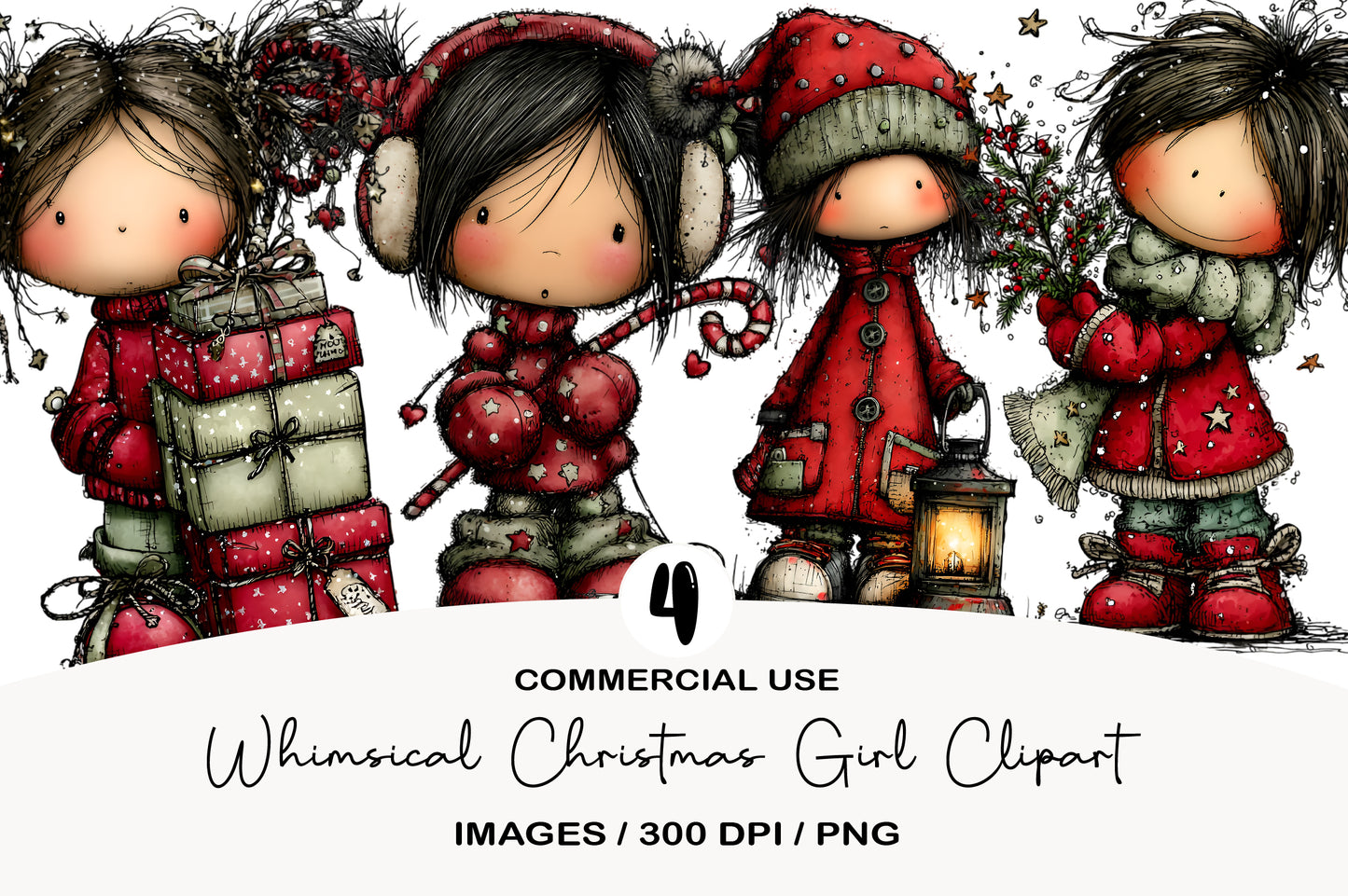 Whimsical Christmas Girl Clipart PNG Bundle | Cute Watercolor Holiday Girl Clipart | Festive Winter Girl PNG