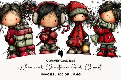 Whimsical Christmas Girl Clipart PNG Bundle | Cute Watercolor Holiday Girl Clipart | Festive Winter Girl PNG