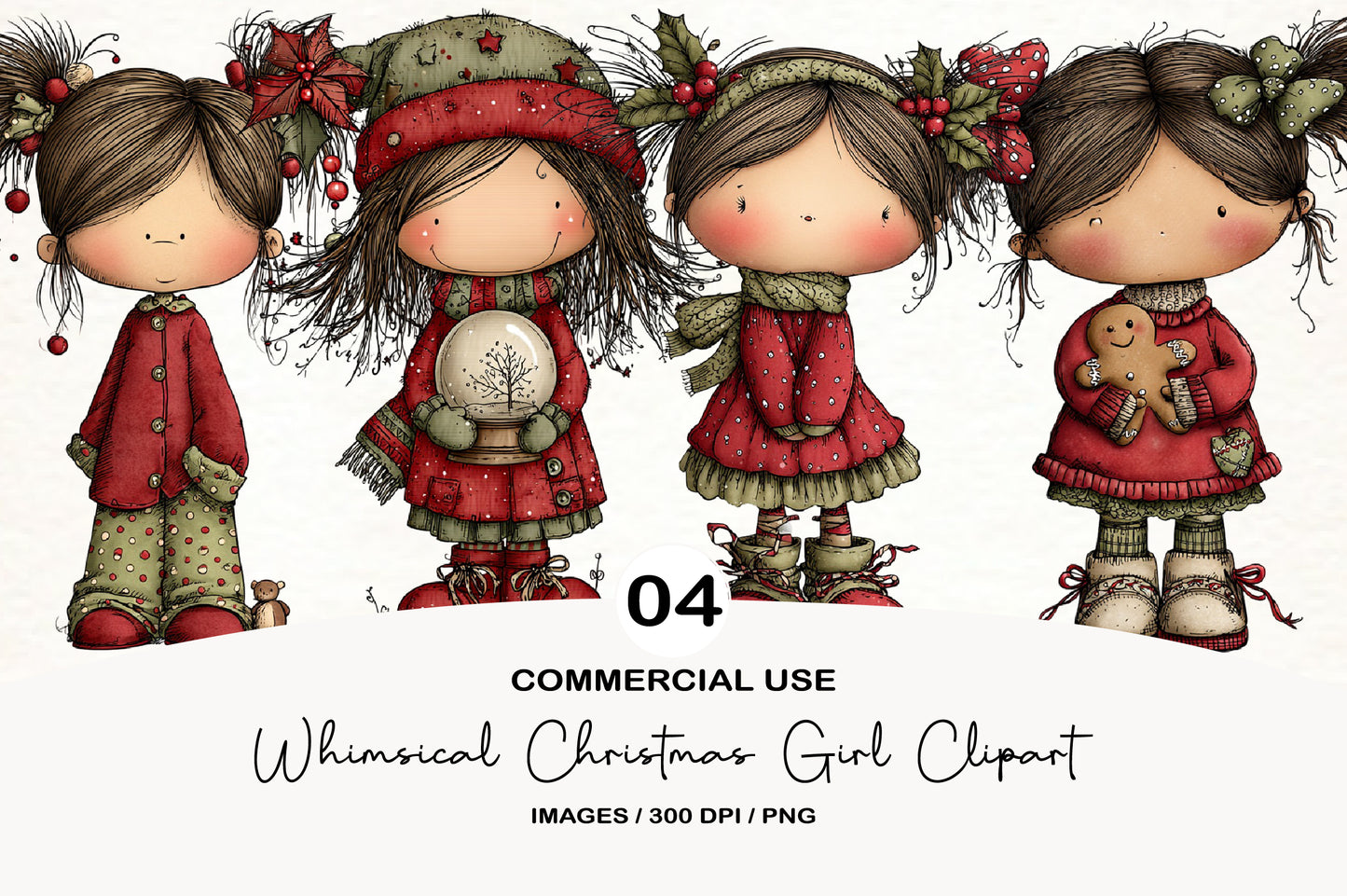 Whimsical Christmas Girl Clipart PNG Bundle | Cute Watercolor Holiday Girl Clipart | Festive Christmas Girl PNG