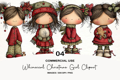 Whimsical Christmas Girl Clipart PNG Bundle | Cute Watercolor Holiday Girl Clipart | Festive Christmas Girl PNG