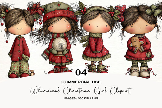 Whimsical Christmas Girl Clipart PNG Bundle | Cute Watercolor Holiday Girl Clipart | Festive Christmas Girl PNG