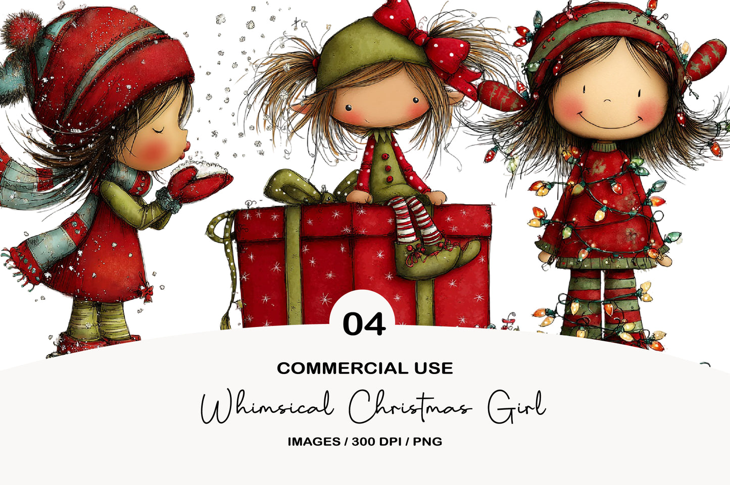 Whimsical Christmas Girl Clipart PNG Bundle | Cute Watercolor Holiday Girl Clipart | Festive Winter Girl PNG