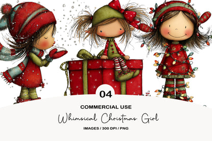 Whimsical Christmas Girl Clipart PNG Bundle | Cute Watercolor Holiday Girl Clipart | Festive Winter Girl PNG