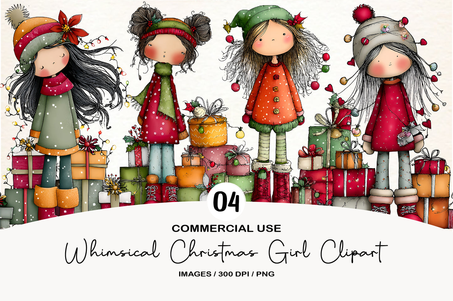 Whimsical Christmas Girl Clipart PNG Bundle | Cute Watercolor Holiday Girl Clipart | Festive Winter Girl PNG