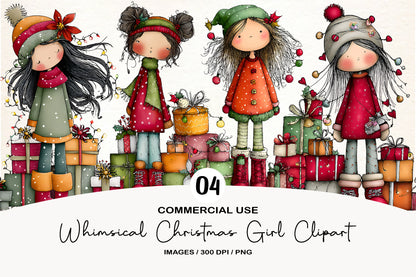 Whimsical Christmas Girl Clipart PNG Bundle | Cute Watercolor Holiday Girl Clipart | Festive Winter Girl PNG