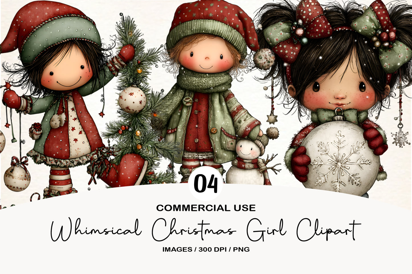 Whimsical Christmas Girl Clipart PNG Bundle | Cute Watercolor Holiday Girl Clipart | Festive Winter Girl PNG