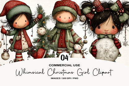 Whimsical Christmas Girl Clipart PNG Bundle | Cute Watercolor Holiday Girl Clipart | Festive Winter Girl PNG