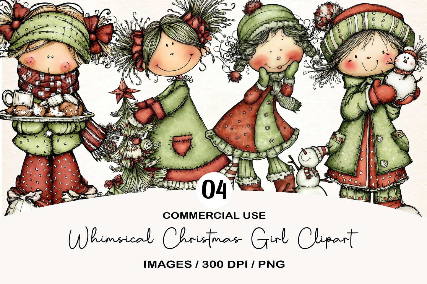 Whimsical Christmas Girl Clipart PNG Bundle | Cute Watercolor Holiday Girl Clipart | Festive Winter Girl PNG