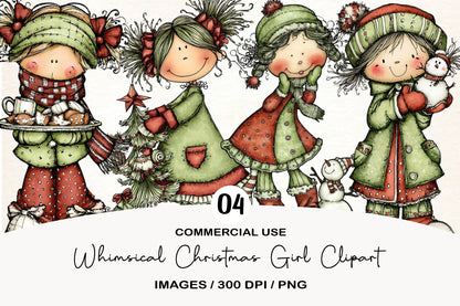 Whimsical Christmas Girl Clipart PNG Bundle | Cute Watercolor Holiday Girl Clipart | Festive Winter Girl PNG