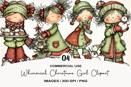 Whimsical Christmas Girl Clipart PNG Bundle | Cute Watercolor Holiday Girl Clipart | Festive Winter Girl PNG