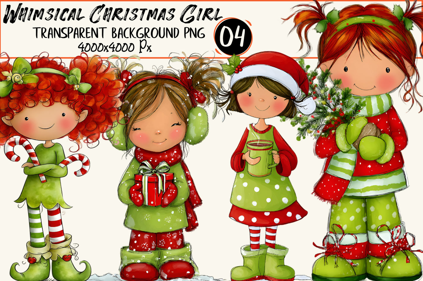 Whimsical Christmas Girl Clipart PNG – 4 Designs