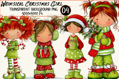 Whimsical Christmas Girl Clipart PNG – 4 Designs