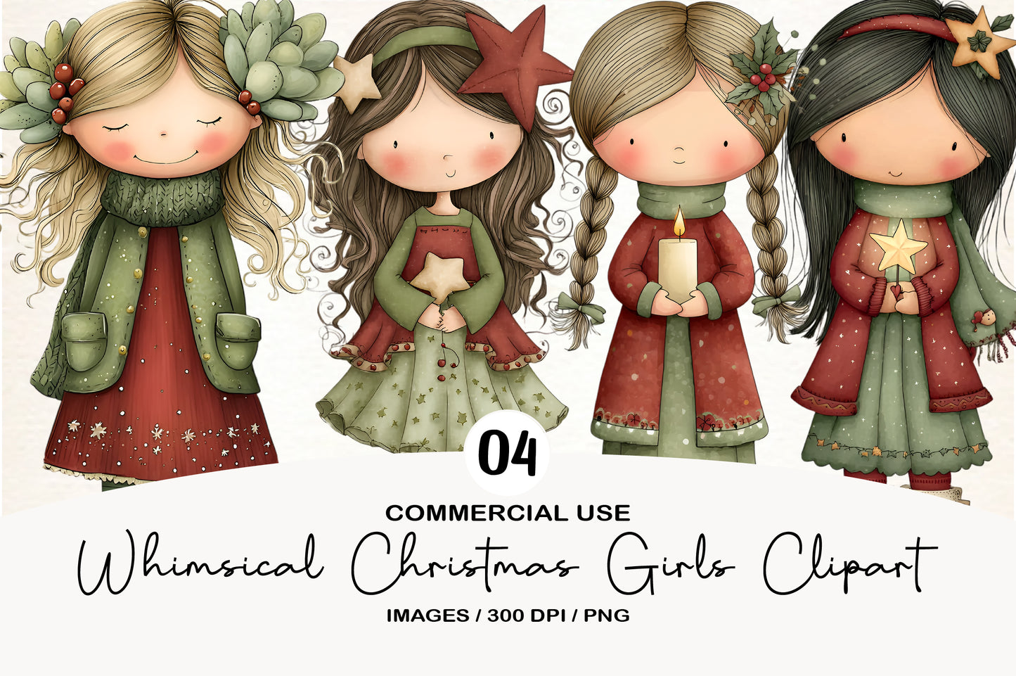 Whimsical Christmas Girls Clipart PNG Sublimation