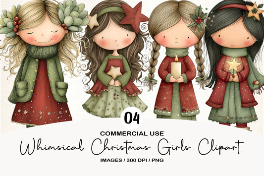 Whimsical Christmas Girls Clipart PNG Sublimation
